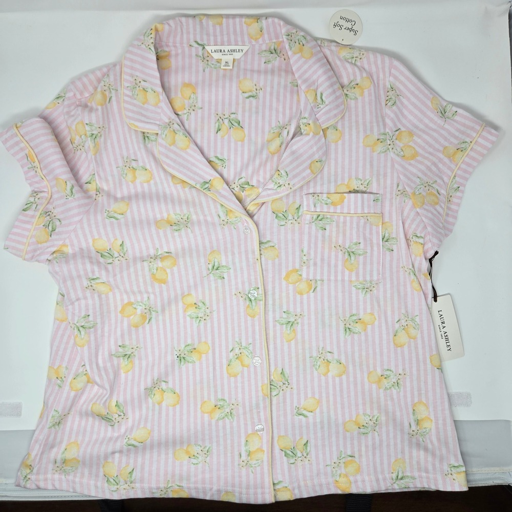 Laura Ashley Pink & Yellow Lemon Print Short Sleeve Pajama Top